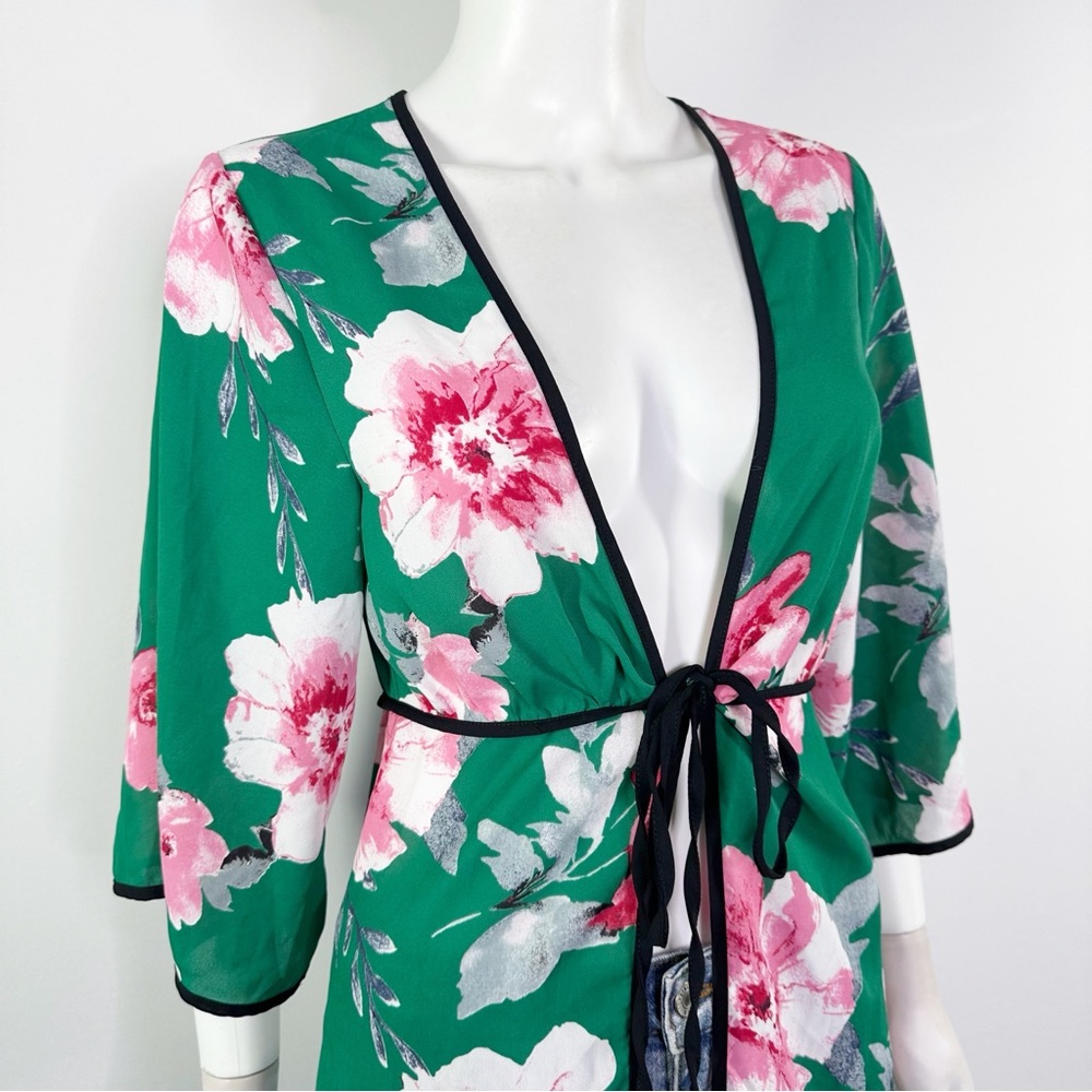 Lulus Green Floral Kimono Topper Size S/M Summer Classic Vacation Beach Casual - Picture 4 of 12
